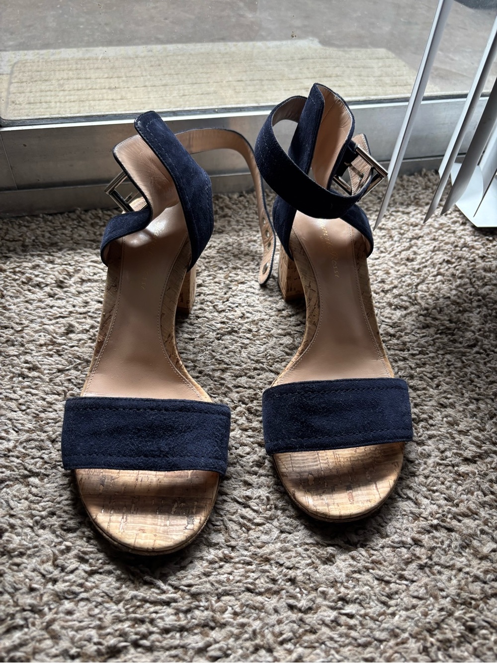 Gianvito Rossi Navy Suede Cork Block Heel Sandals
